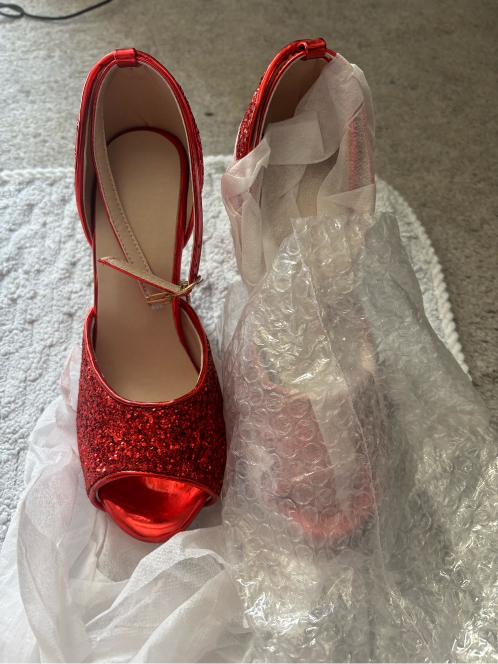 Red Glitter Peep-Toe Ankle-Strap Heels